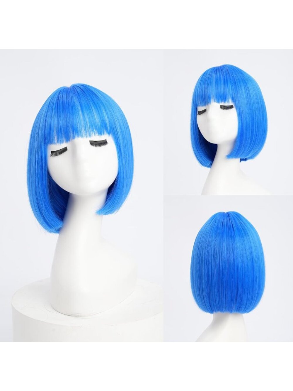 Women Blue Heat Resistant Synthetic Straight Ombre Bob Wig Bangs 10 Inch